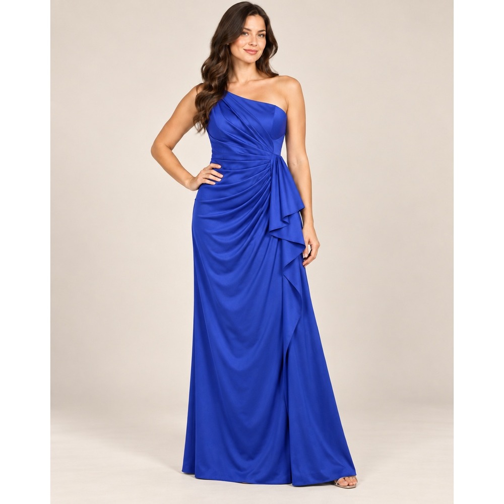 Xscape Womens Royal Blue One Shoulder Ruffle Gown Dress 5767YX Size 10 NEW